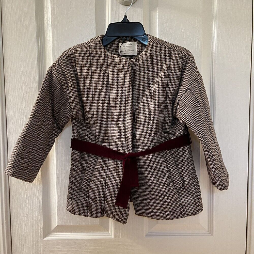 Zara Girls Quilted Houndstooth Belted Coat Jacket Size 8